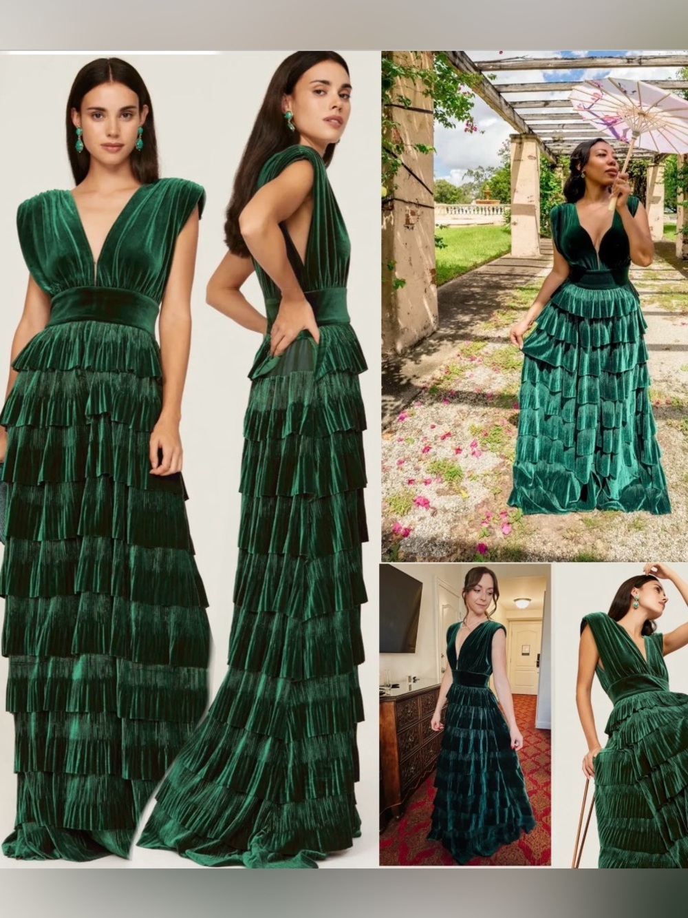 Bronx and Banco Emerald Tiered Velvet Evening Gown - Green size Small